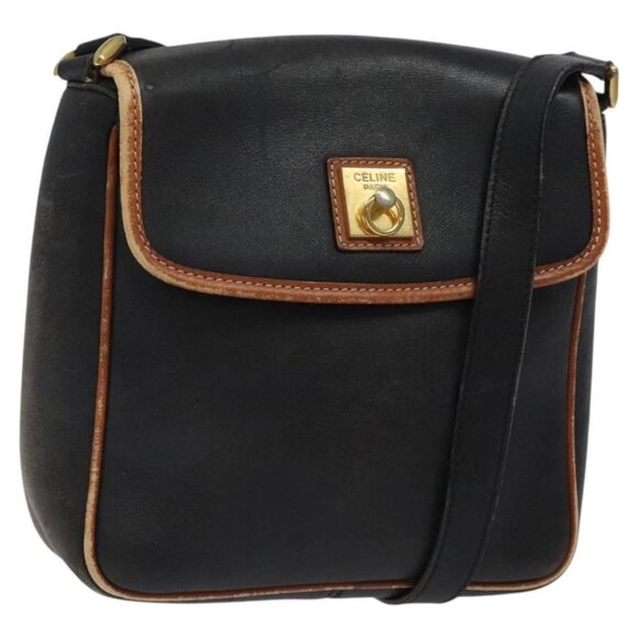 CELINE Shoulder Bag Leather Black Gold Auth - Picture 1 of 16